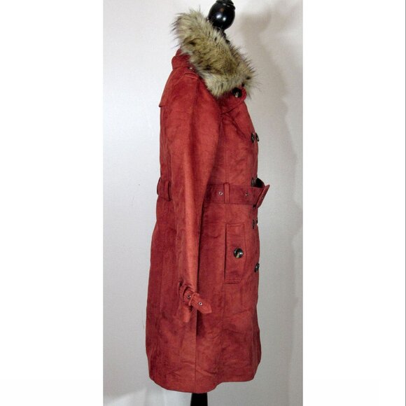 Steve Madden Faux Suede Faux Fur Collar Trench Coat, Red Orange Womens Size S - Picture 6 of 8